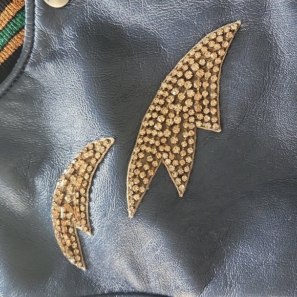 NWT Coach Shrunken Leather Varsity Jacket In Metallic Cadet Blue - Picture 16 of 17